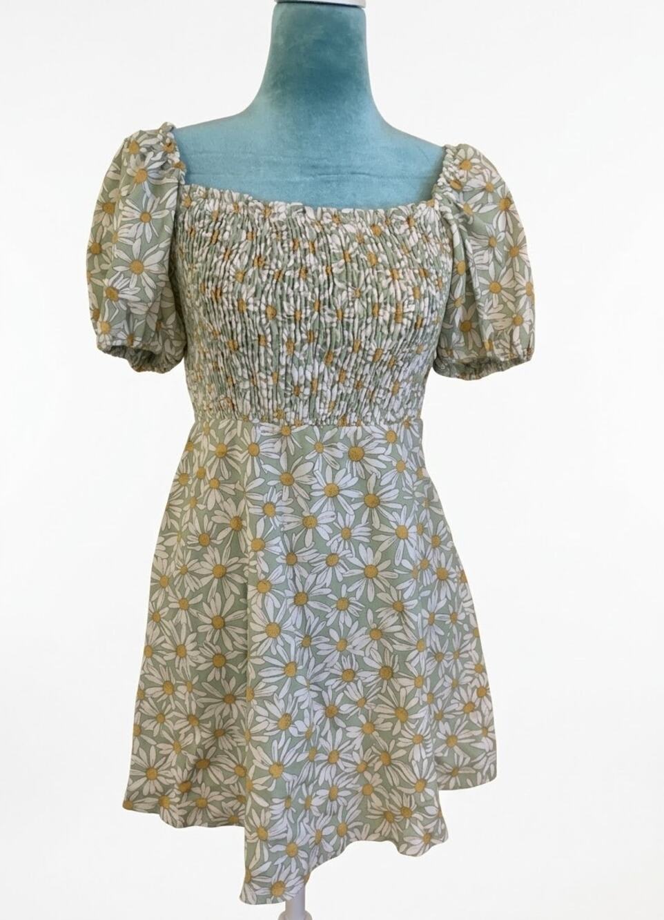 Zara Daisy Smocked Linen Blend Puff Sleeve Mini Dress Cottagecore garden party s